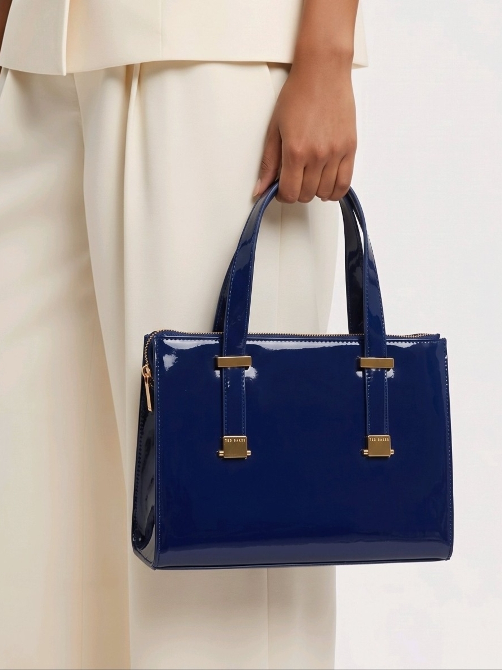 Ted Baker London Navy Patent Satchel with Gold Hardware, Authentic